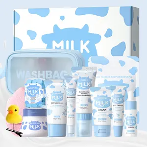 Milk Skincare Set, Moisturizing Skin Care Kit, Skin Care Products Including Cleanser, Eye Cream, Moisturizer, Sun Cream, Soap Sheet, Facial Puff, Hair Clip, Cosmetic Bag