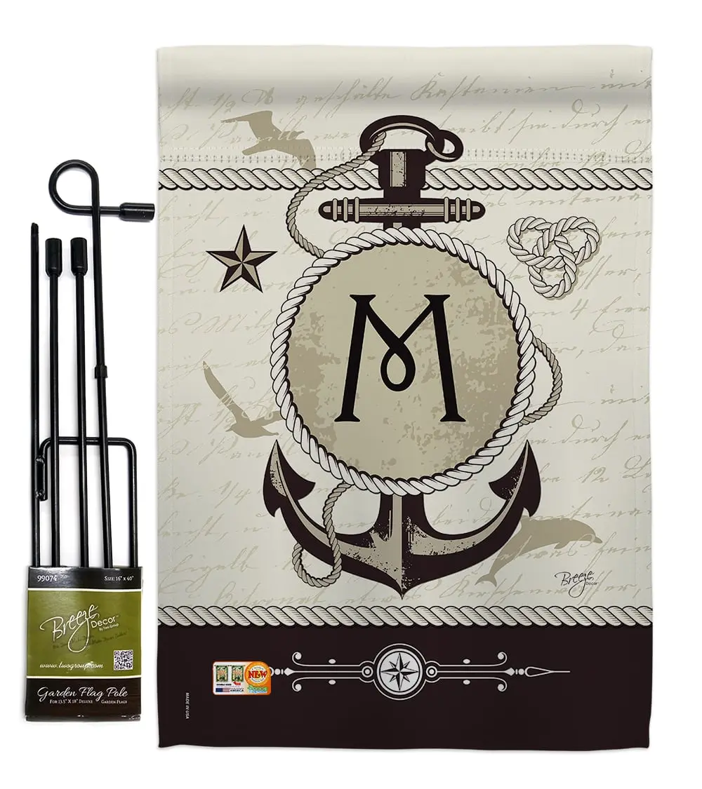 Breeze Decor BD-NA-GS-130195-IP-BO-D-US14-BD 13" X 18.5" in. Nautical M Initial Coastal Impressions Decorative Vertical Double Sided Garden Flag Set with Banner Pole, Yard Decor