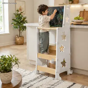 3-in-1 Toddler Kitchen Step Stool - Foldable Toddler Tower with Blackboard, Wooden Kitchen Helper Stool for 1-3 Year Old Kids, Ideal Gift for Boys and Girls