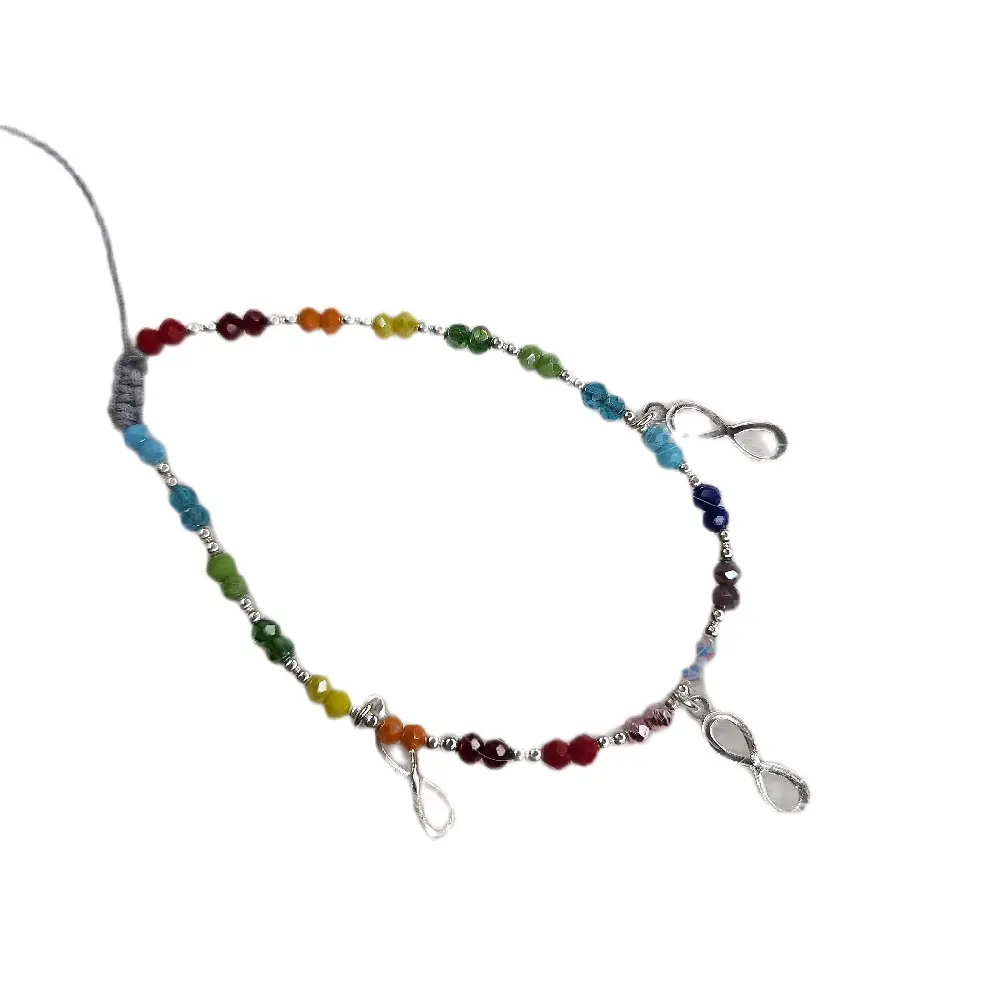 Pulcera de Hilo con Colgantes en Forma de Infinito de Plata .925 Multicolor Beaded Bracelet with Infinity Charm