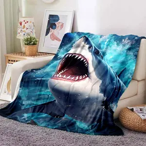Great White Shark Flannel Blanket, Ultra-Soft Plush Throw with Deep Blue Ocean Print, Cozy Warm Fleece Blanket for Couch Bed Sofa, Perfect Sea Creature Lover Gift & Cool Home Decor, All-Season Comfort