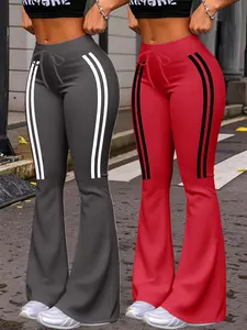 Women's Casual Fashion Wide Leg Pants, Striped Pattern, Milk Silk Yoga Pants, All Seasons Wear, Adjustable Drawstring Waist, Fit