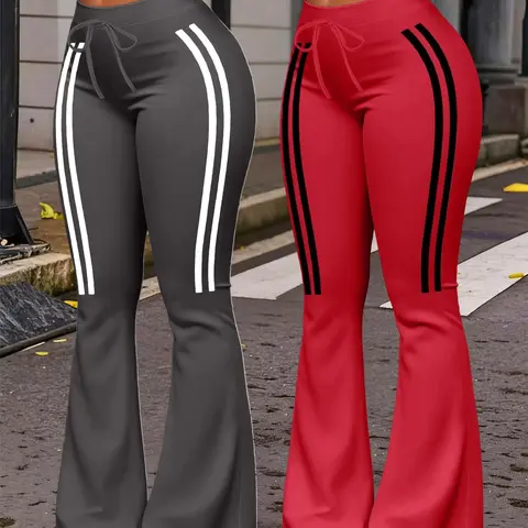 Women's Casual Everyday Fashion Wide Leg Pants, Bottoms, Striped Pattern, Milk Silk Fitness Yoga Pants, Activewear, Sportswear, Athletic, All Seasons Wear, Adjustable Drawstring Waist, Fit, Trouser, Sports Clothes, All Purpose Pants