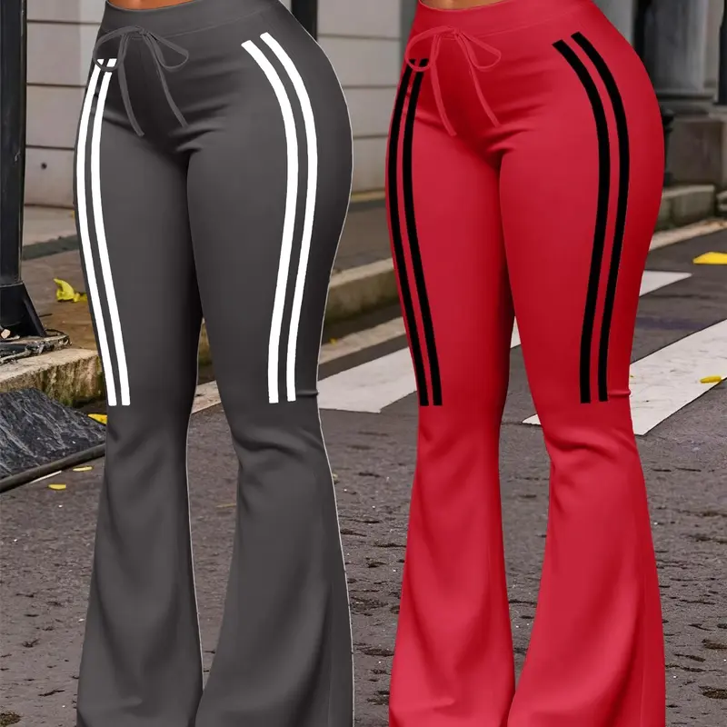 Women's Casual Everyday Fashion Wide Leg Pants, Bottoms, Striped Pattern, Milk Silk Fitness Yoga Pants, Activewear, Sportswear, Athletic, All Seasons Wear, Adjustable Drawstring Waist, Fit, Trouser, Sports Clothes, All Purpose Pants