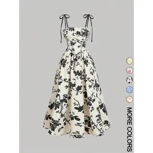 Women's Floral Print Tie Shoulder Cami Fitted Dress, Fashion Casual Sleeveless Spaghetti Strap Dress for Daily Outdoor Wear, Women Dress for Summer