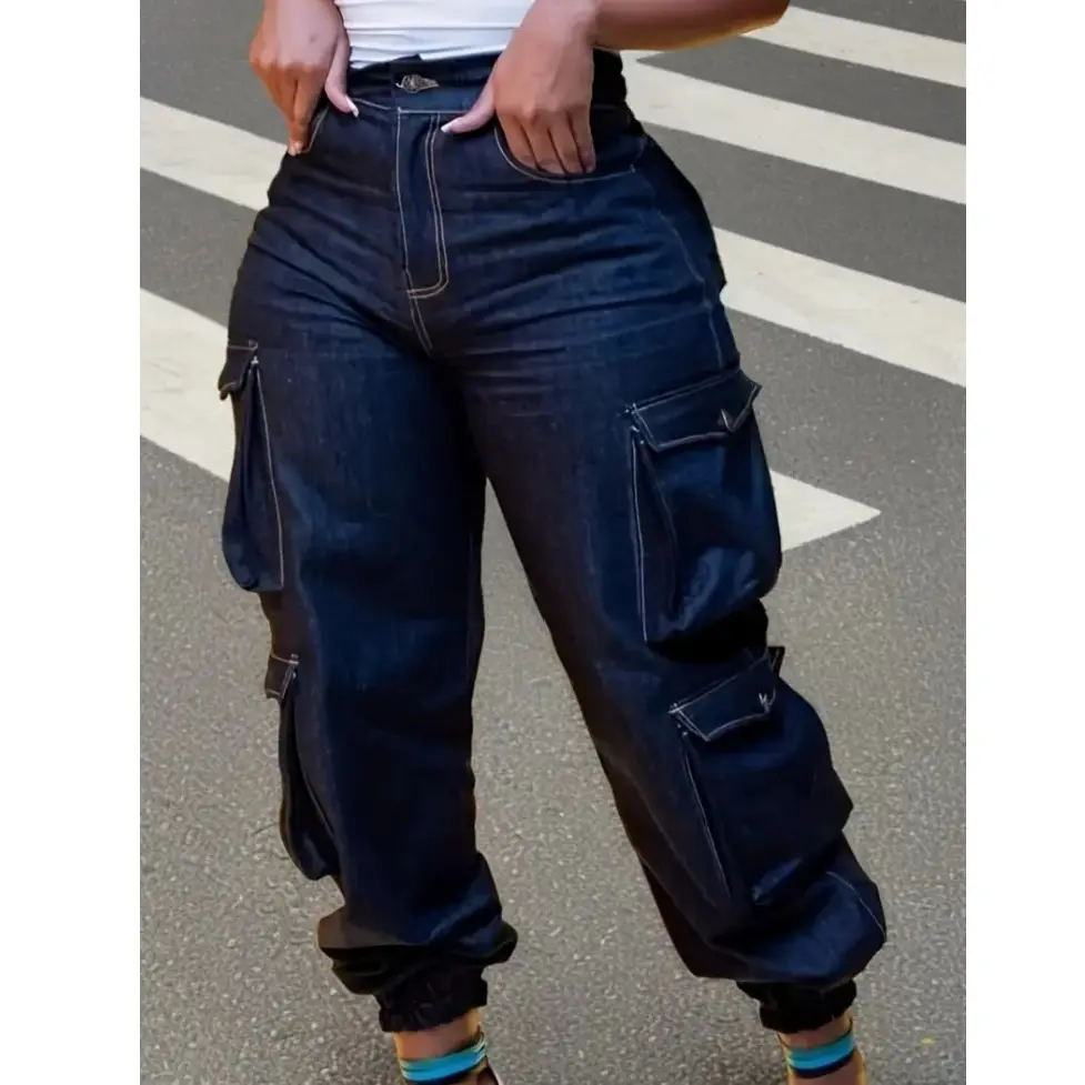 Plus Size Women's Baggy Streetwear Cargo Jeans, High-Waist Cuffed Trouser with Multiple Pockets in Stretch Denim, Oversize, Basic, Bottom, Button