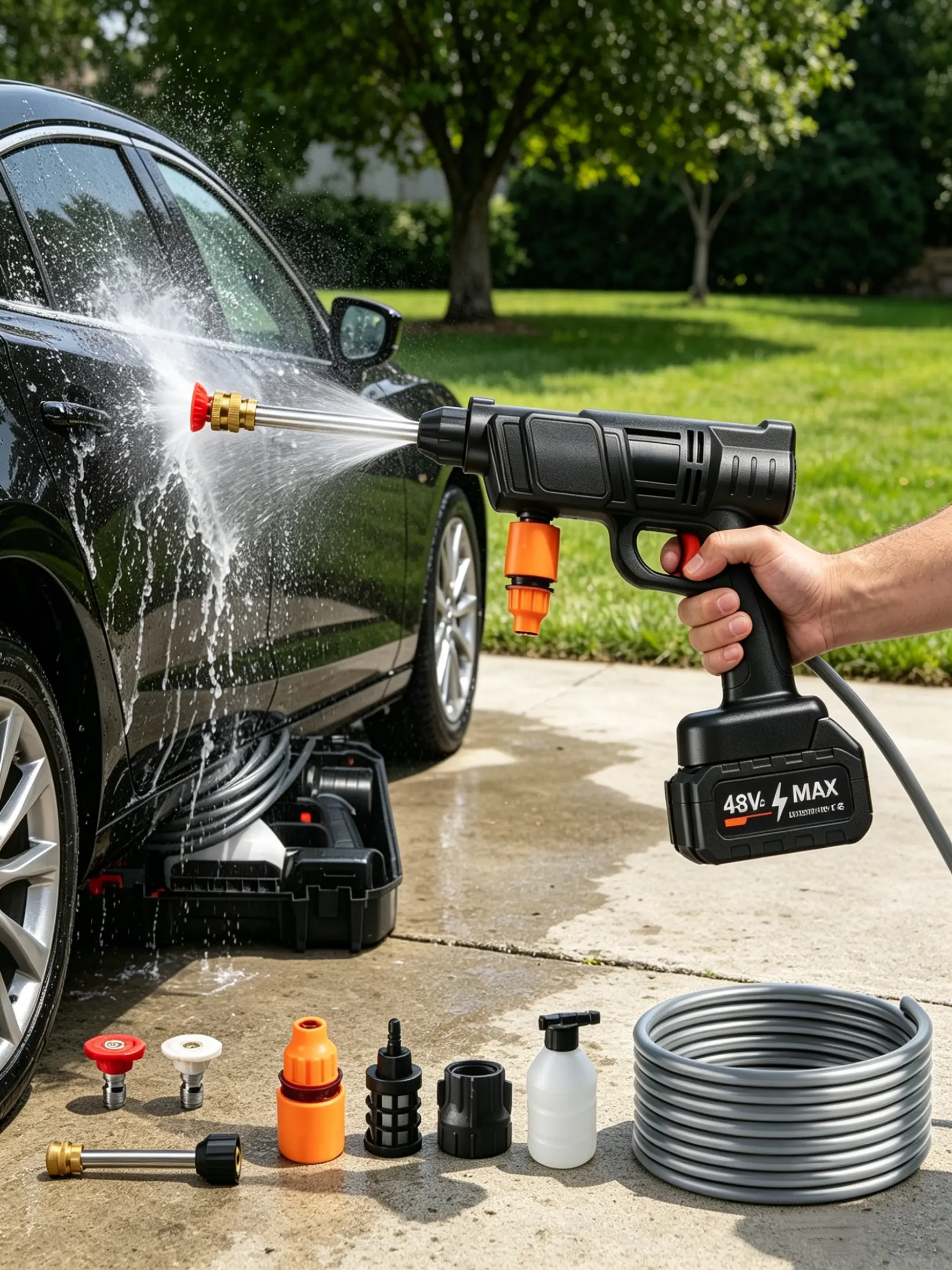 Portable Wireless High-Pressure Car Cleaning Sprayer with Storage Case, Ergonomic Handheld Grip Gun for Daily Cars/Motorcycles Washing, Full Kit: 48VF Cordless Gun, Batteries, 5m Water Suction Hose, Extended Metal Spray Wand, 4 Replacement Nozzles, Daily,