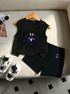 Summer Boys Sleeveless Top with Bold Venom Cartoon Print, Comfortable Loose Fitting Jogger Pants for School, Outdoor Play and Home Wear