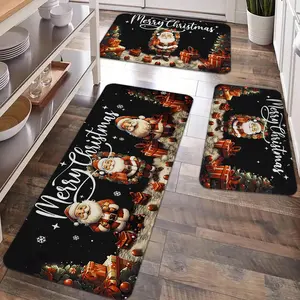 2/3pcs Christmas kitchen carpet floor mat, vintage Santa Claus, Christmas tree and snow landscape pattern anti slip floor mat, flannel material, suitable for kitchen, entrance door, laundry room, bathroom, room decoration floor mat, Vintage Runner Rug