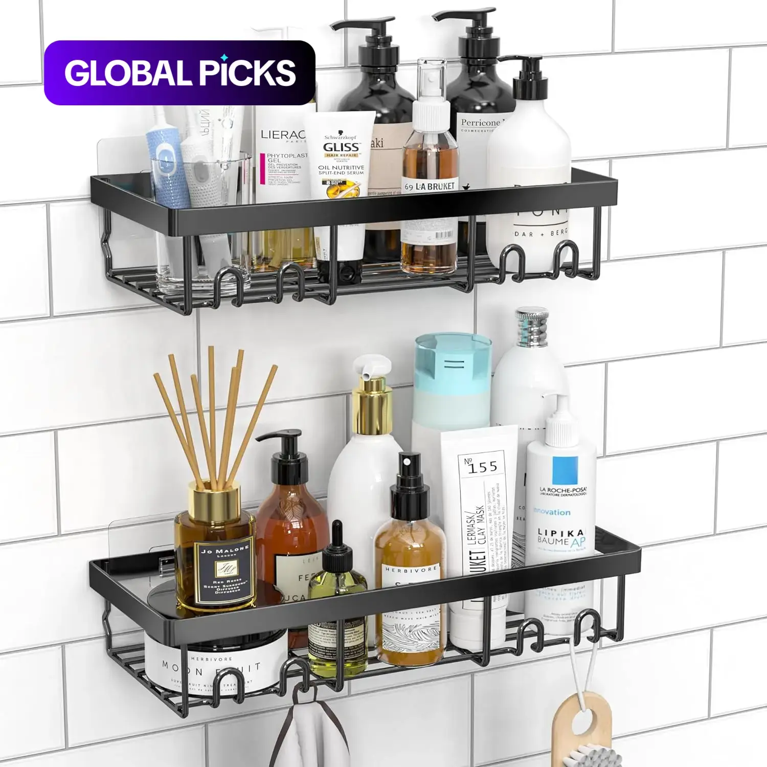 2-Pack Punch-Free Wall-Mounted Adhesive Shower Shelves, Modern Multipurpose Bathroom and Kitchen Storage Organizer Rack Set, Bathroom Organizing Accessories #GLOBAL PICKS