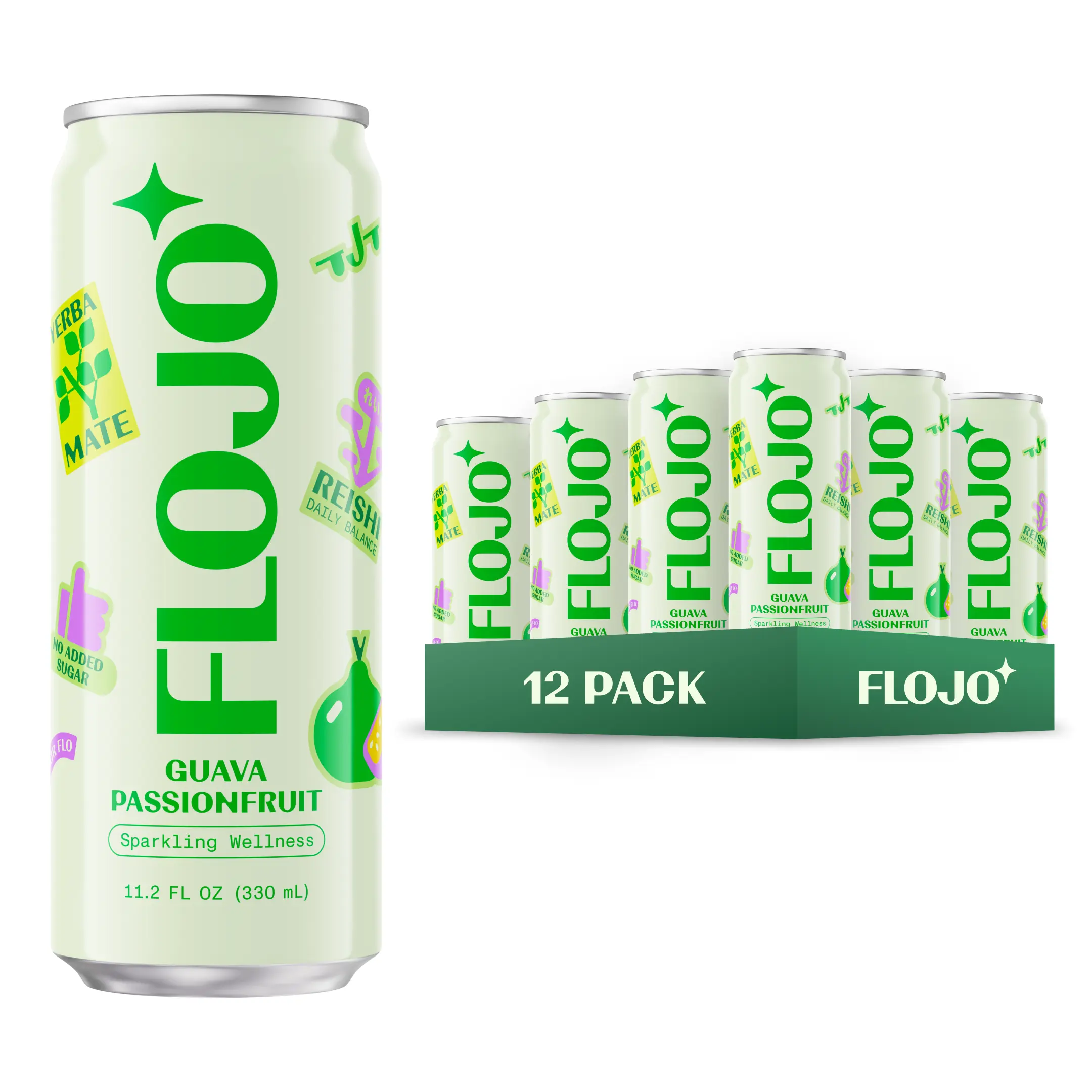 FLOJO - Guava Passionfruit - Sparkling Energy - 12 Pack - 11.2 FL OZ 330mL - Functional Mushrooms, Yerba Mate, No Artificial Sweeteners, No Sugar Added, Real Fruit