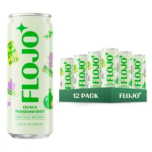 FLOJO - Guava Passionfruit - Sparkling Energy - 12 Pack - 11.2 FL OZ 330mL - Functional Mushrooms, Yerba Mate, No Artificial Sweeteners, No Sugar Added, Real Fruit