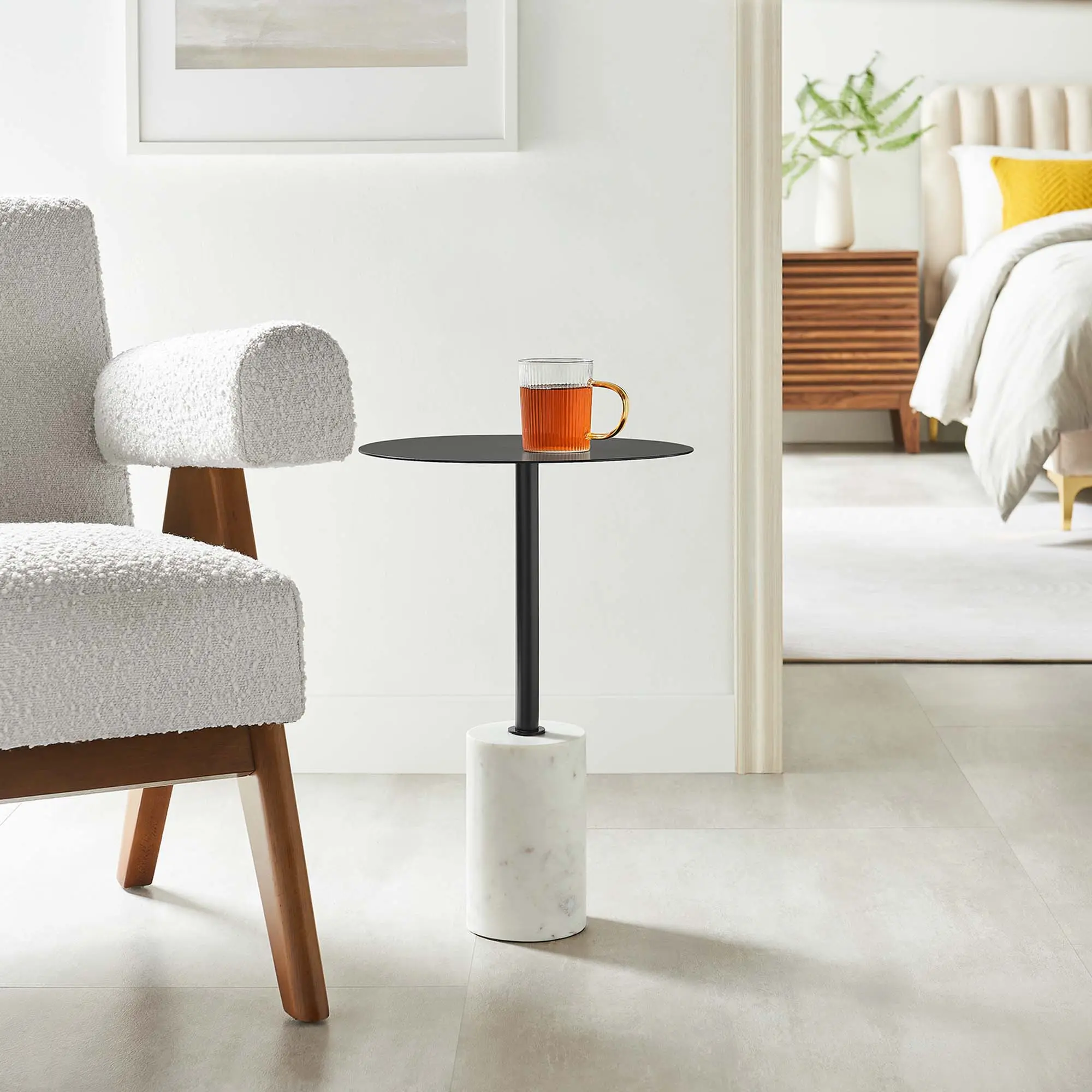 Modway Lyric Round Side Table - White and Black, Modern Accent Tables, Minimalist Indoor Furniture with Iron Top, Clean Look, Requires Assembly, 99lbs Weight Capacity, 8-Inch High Cylinder Hallway Piece, Non-Marking Pad on the Bottom