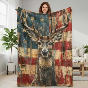 Deer Flannel Blanket  Rustic American Flag Antler Print  Soft Cozy Warm Lightweight Throw for Sofa Bedroom Cabin Camping Holiday Gift Home Décor