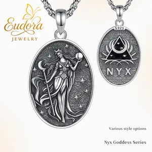 Eudora S925 Sliver Nox Goddess Necklace, Double Side Greek Mythology Feminine Pendant, Goddess of Night Protection Amulet for Women, Celestial Moon Stars Jewelry Nyx Hypoallergenic