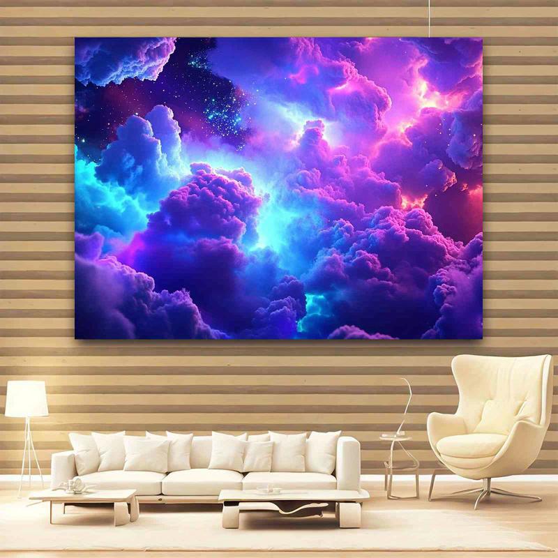 Cosmic cloud blacklight tapestry with UV reactive glow in vibrant purple, pink, blue, green design.Durable polyester fabric in multiple sizes for bedroom, living room, dorm, or party decor.Ideal for housewarming or anniversary backdrop.