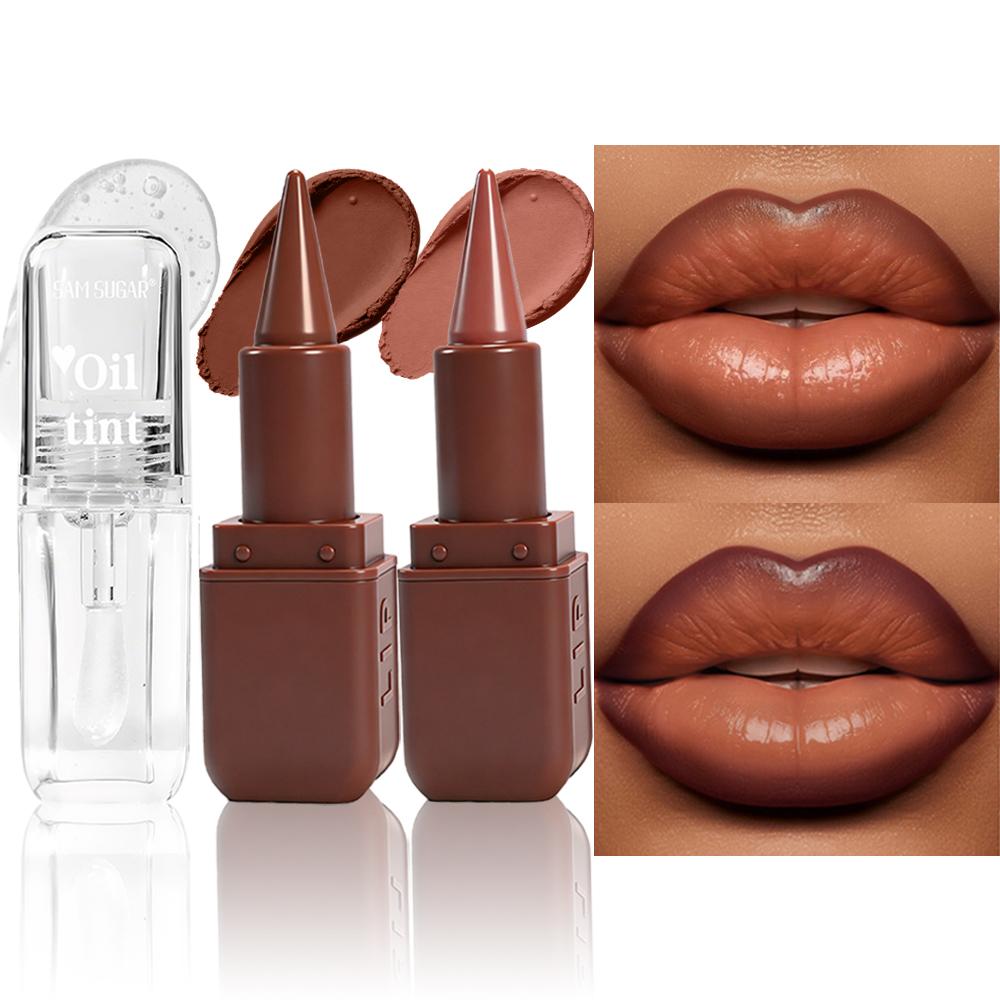 3pcs Matte Lip liner & Lip Oil Set - Waterproof Long-Lasting, Non-Stick Velvet Finish, Mixed Shades (Hydrating Matte Lip liner and Gloss Combo) for Party, lip combo set, Party Festival Christmas Halloween Daily Makeup & Daily Wear