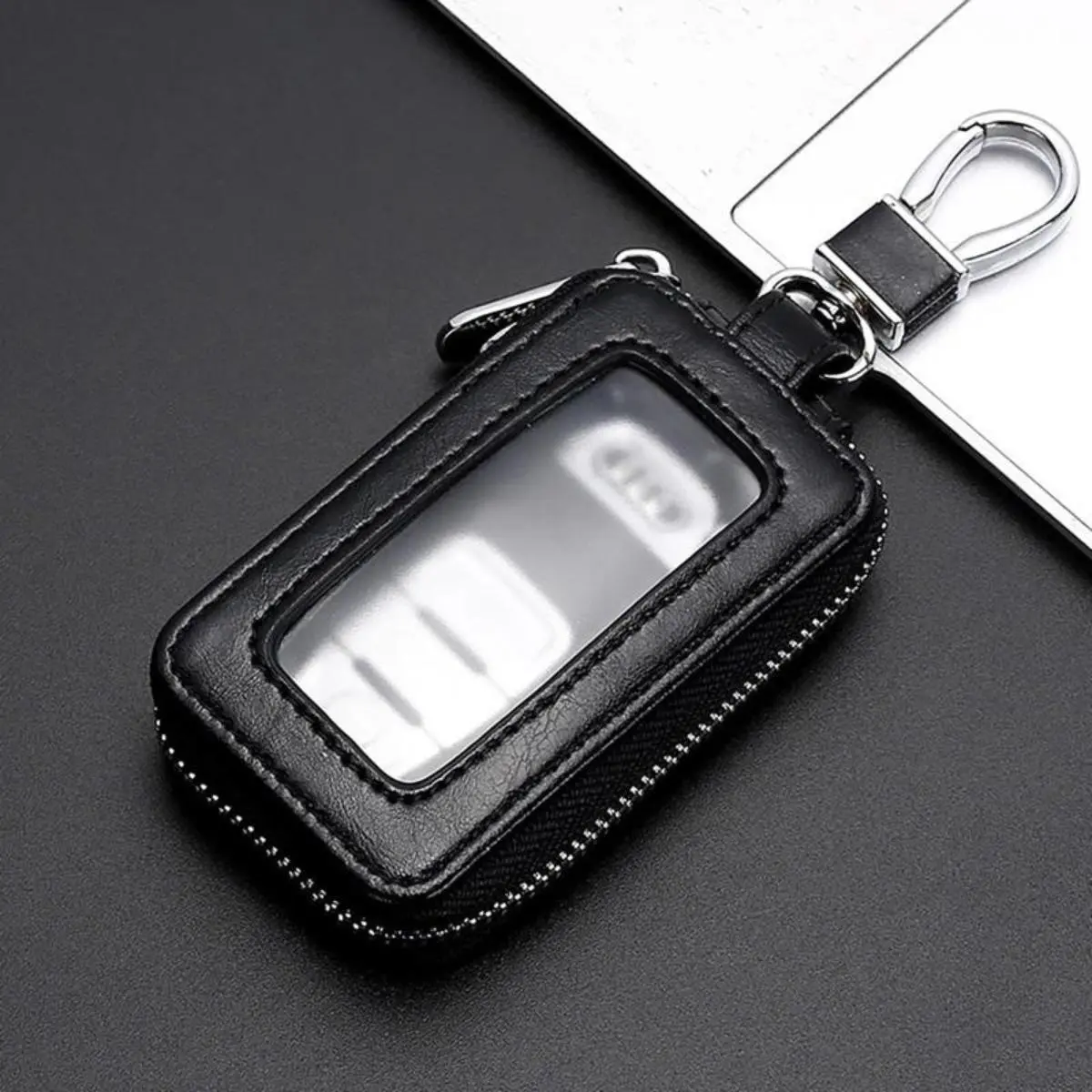 Car Key Pouch Perfection - Black Unisex Mirror Finish Zipper Closure Key Ring for All Occasions, Car Key Holder, Key Fob Protector
