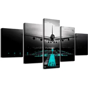 Black Teal Airplane Wall Art Vintage Airplane Wall Decor Canvas Abstract Aviation Painting Decor Print and Framed Artwork for Modern Home Office Large Size Bedroom Decorations 60" W X 32" H DJSYLIFE