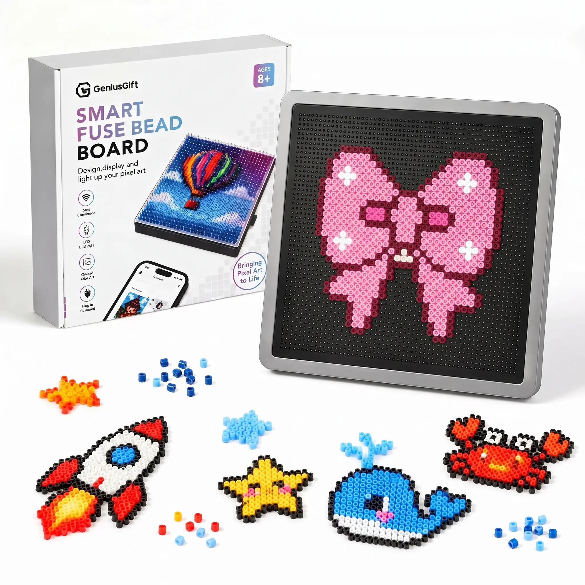 GENIUSGIFT Smart Fuse Bead Board, 52x52 Pegs Craft Tool for 2.6mm Perler Pieces, with Customizable Patterns, Position Guidance, Badges Creation, Fine Motor Skills Development & Patience Building