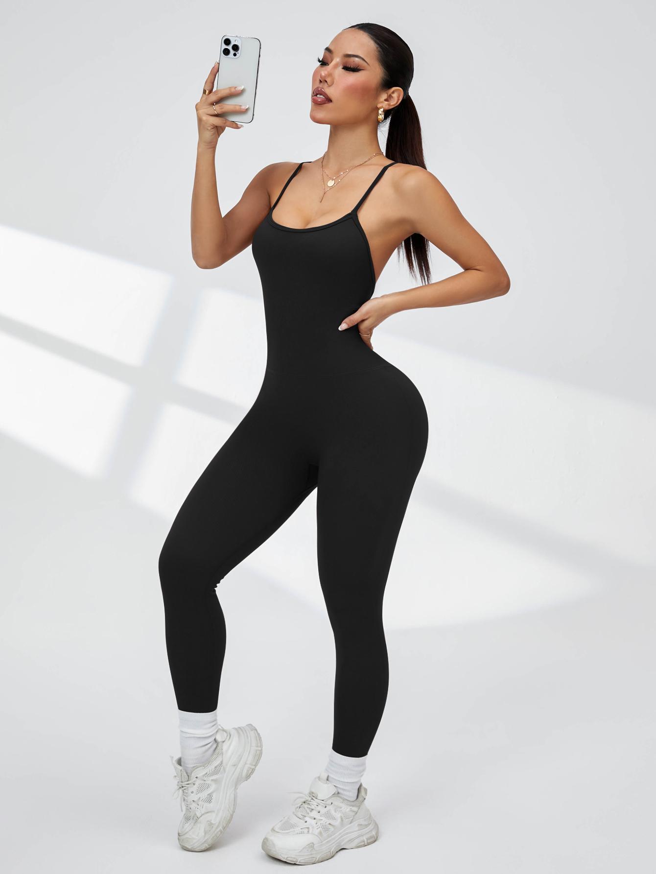Women's Sexy Backless Cami Workout Jumpsuit Slim Fit Yoga Gym Fitness One Piece Outfit