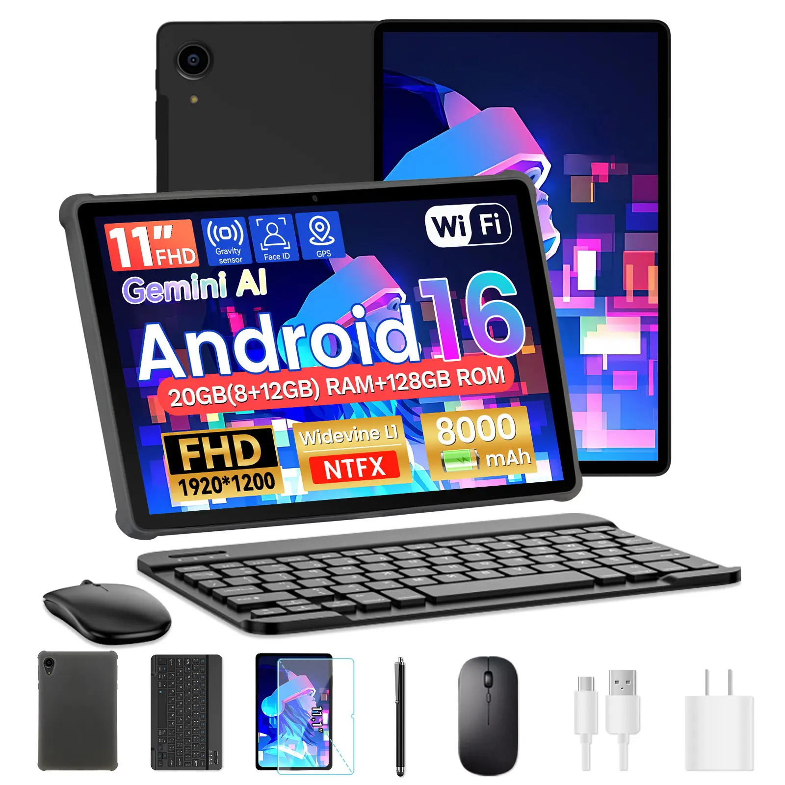 LPad3A Tablet 11 Inch Android 15 Octa Core 8GB RAM+12GB  Extension+128GB 8000mAh Battery FHD 1920x1200 WiFi 5G Bluetooth 5.0 Type-C Dual Camera Face Unlock Widevine L1 Netflix Tablet for Adults Kids Study Work Streaming