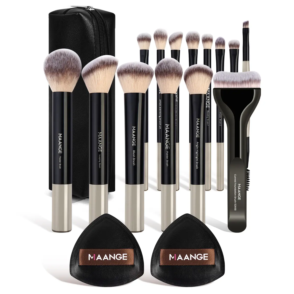 MAANGE Professional Soft Makeup Brushes Set - 14pcs+2 Puffs+Storage Bag, Black, Beginner-Friendly Travel Brush Set for Powder, Liquid & Cream (Blending, Foundation, Compact), Blending Brush Foundation