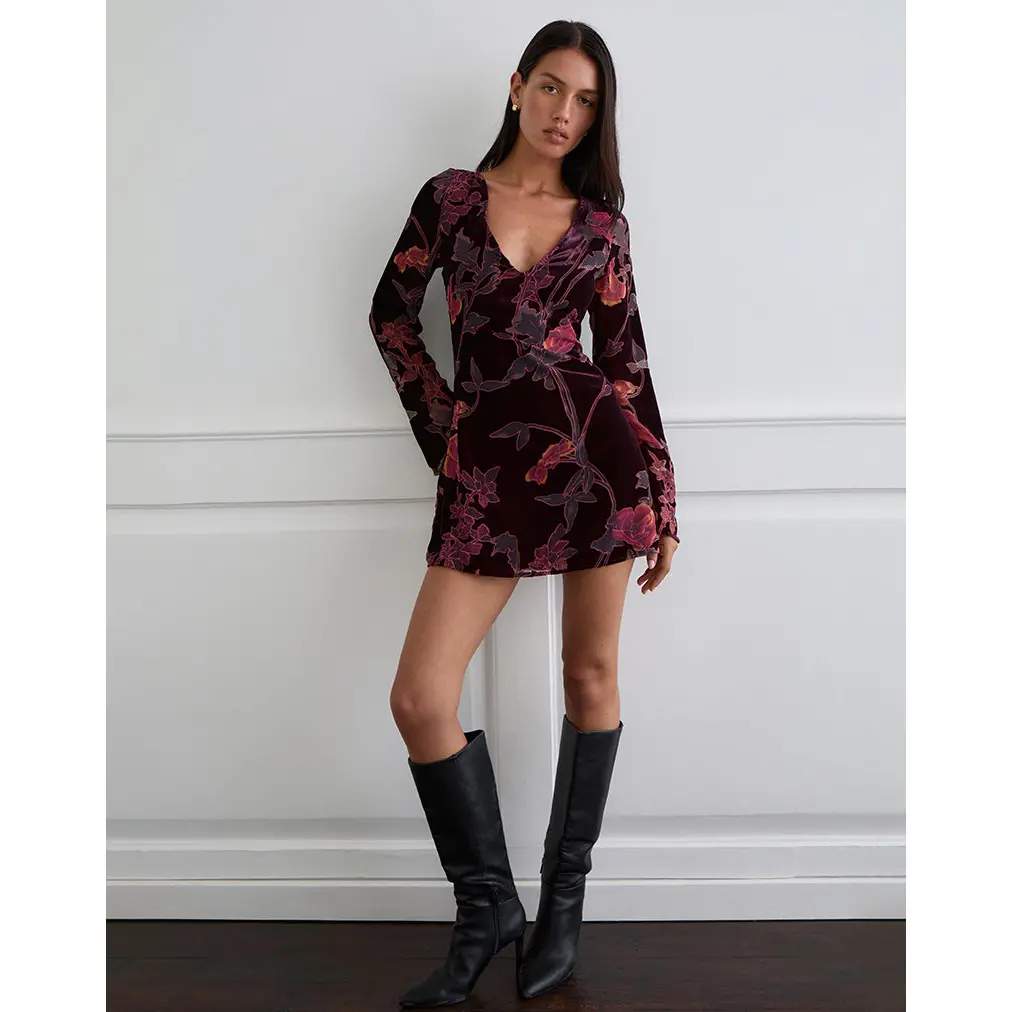 Alitra Mini Dress in Floral Devore Burgundy