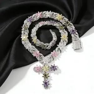 Flower Infinity Cross Pendant Necklace Hip Hop Jewelry Stainless Steel Cubic Zirconia Chain Necklace Party Club Street Festival Fashion Gift For Men Women Unisex Trendy Iced Out Bling Statement Accessories