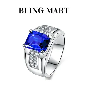 Blue Zircon Promise Men'sRing, Fashion Trendy Business Dominant Square Adjustable Ring, Perfect Jewelry for Wedding Anniversary, Birthday Gifts