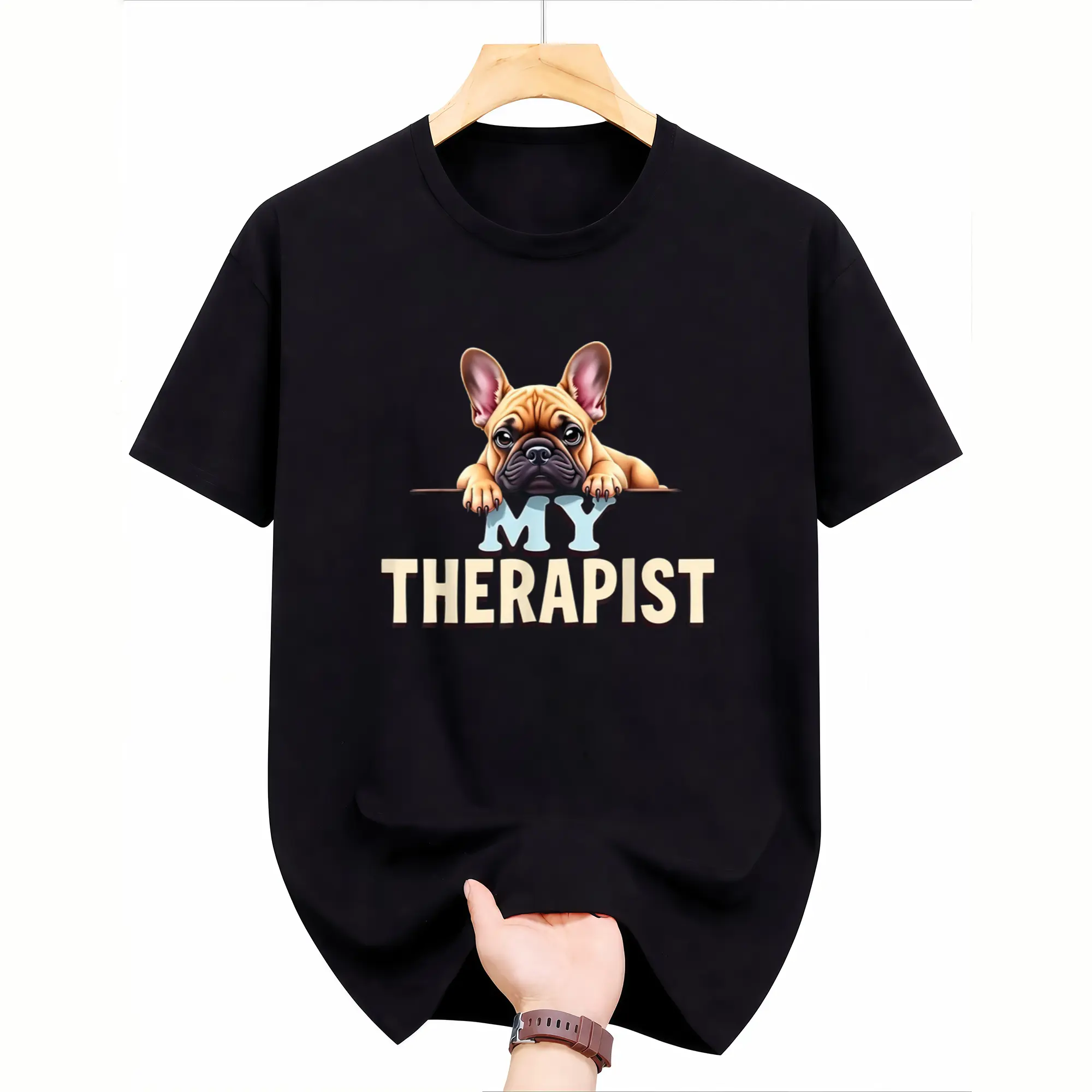 Funny French Bulldog "My Therapist" T-Shirt for Men & - Cotton Casual Crew Neck Tee with Cute Frenchie Puppy Print, Short Sleeve Shirt Suitable for Dog Lovers, Pet Owner Apparel, Casual Attire & Vet Visits