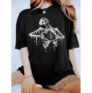 Edgy Gothic Inspired Graphic Tee Featuring Rib Cage Skeleton Design Perfect for Halloween Parties and Everyday Stylish Looks