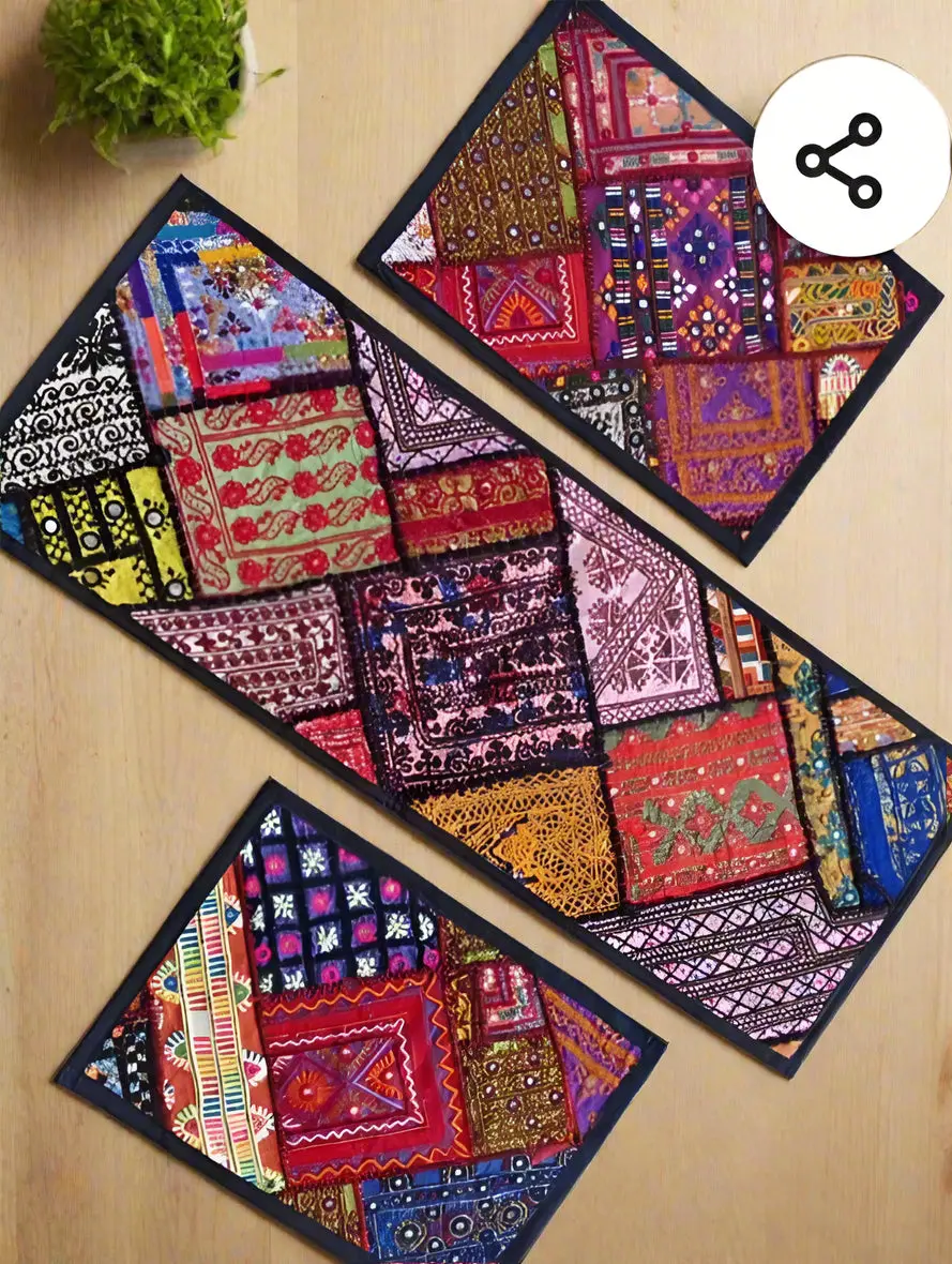 EMBROIDERED ETHNIC PATCHWORK TABLE RUNNER & PLACEMAT - SET OF 3