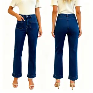 Women's High Waist Dark Wash Cropped Flare Bootcut Jeans, Front Patch Pocket Wide Hem Slim Fit Casual Retro Streetwear Denim Pants