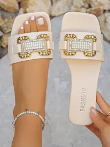 Simple Metal Buckle Sandals, Women's Summer Outdoor Square Toe Slippers, Daily Commute Versatile Beach Shoes