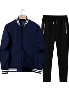 Men's Four-Season Patchwork Baseball Jacket and Sweatpants Set, Comfortable Daily Wear, Casual Slim-Fitting Style, Spring & Fall