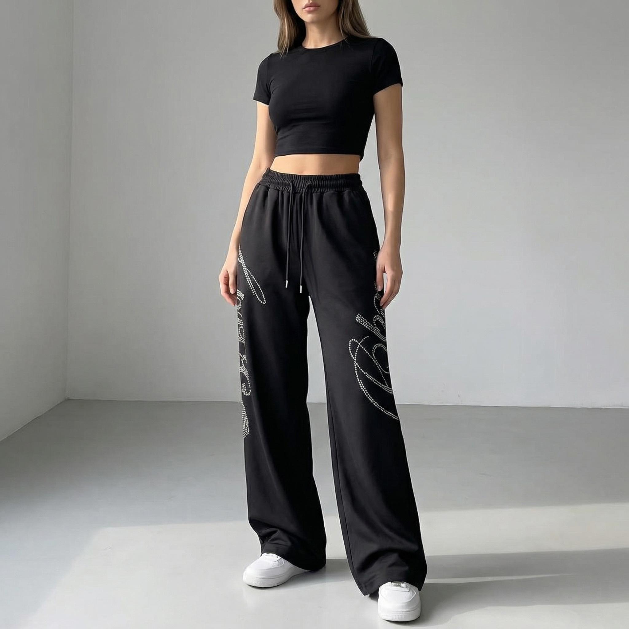 Women’s Baggy Wide-Leg Sweatpants Comfortable Drawstring Parachute Joggers with Adjustable Hem Y2K Rhinestone Graphic Casual Lounge Streetwear