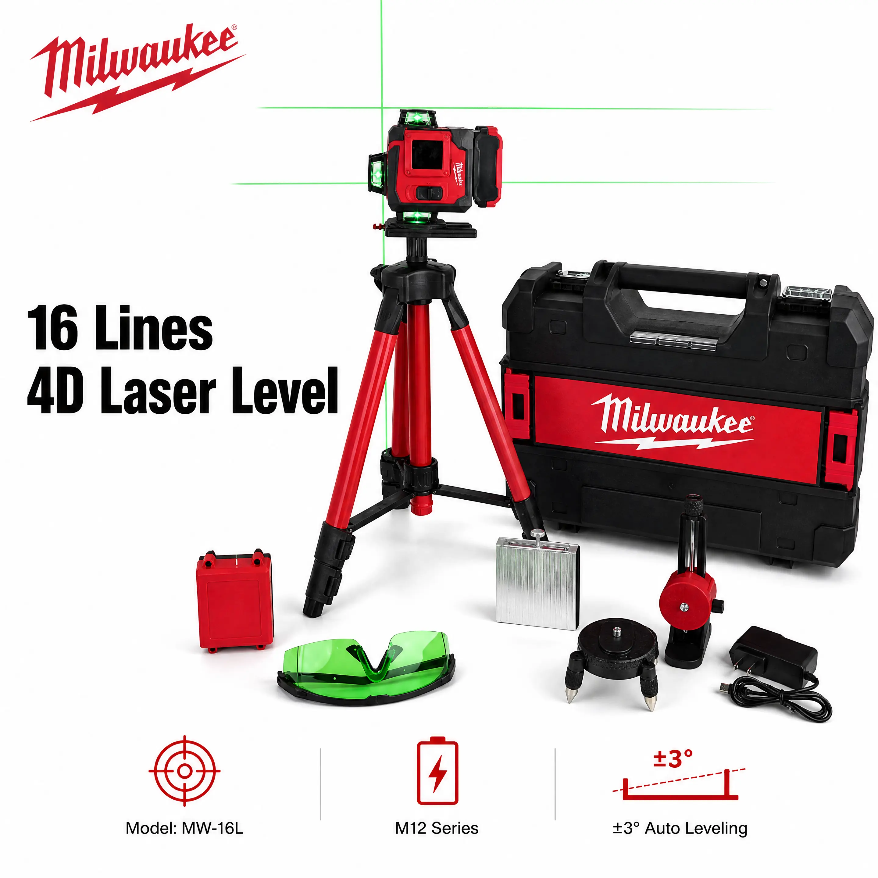 4D 16 Lines Laser Level Compatible with Milwaukee M12 Battery, MW-16L Green Cross Line Laser, ±0.1mm/10m Accuracy, ±4° Auto Leveling, Available In Only Tool & Charging Kit Construction Layout Measuring Tools buildingrenovation worksite