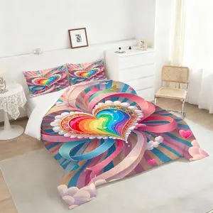 2/3Pcs Vibrant Rainbow Heart Comforter Set, Dreamy Pastel Bedding Set with Intricate Golden Frame, Luxurious Quilted Quilt to Brighten Your Bedroom or Dorm with Love and Whimsy, 1 or 2 Pillowcase No Pillow Core