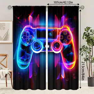 Modern Game Controller Print Curtains Set, Vibrant Neon Design, Semi-Transparent Polyester Fabric, Bedroom and Living Room Decor, Privacy Protection