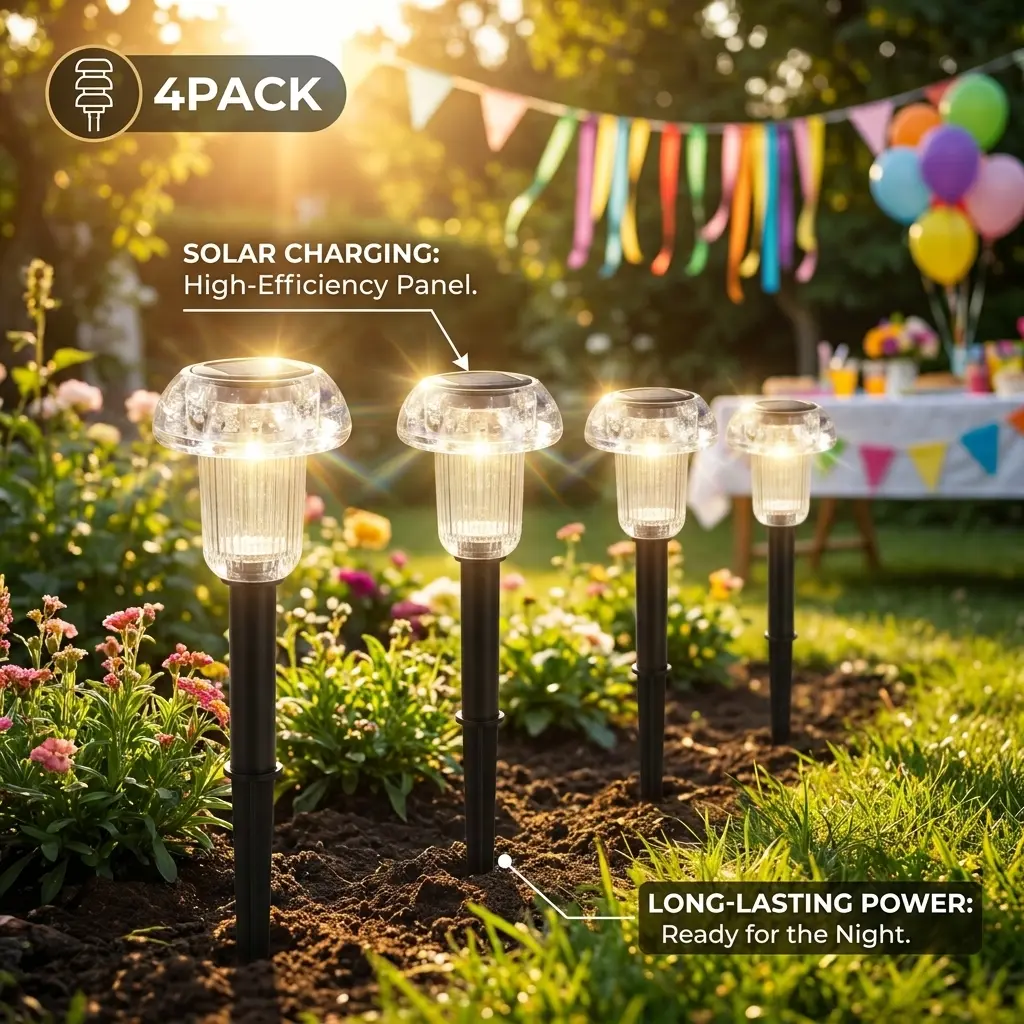 【ROOMART】4-Pack Solar Powered Garden Stake Lights with Built-in Batteries, ABS Material,  Dusk-to-Dawn Auto-Charging, Water Resistant Outdoor Lighting for Lawn, Patio