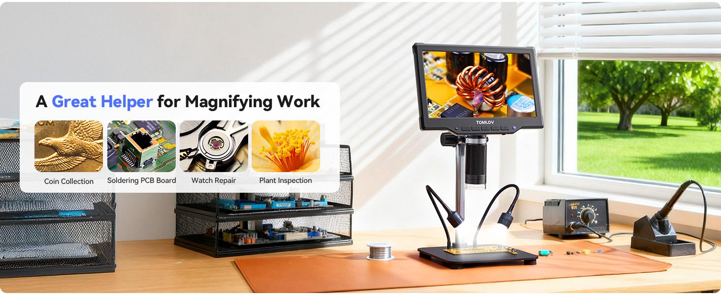 TOMLOV DM10 10.1" Digital Microscope: 1080P 1200X HD IPS Coin Microscope Magnifier for Error Coins with Light, 16MP LCD Soldering Microscopes for Adults with Screen, PC View, 32GB