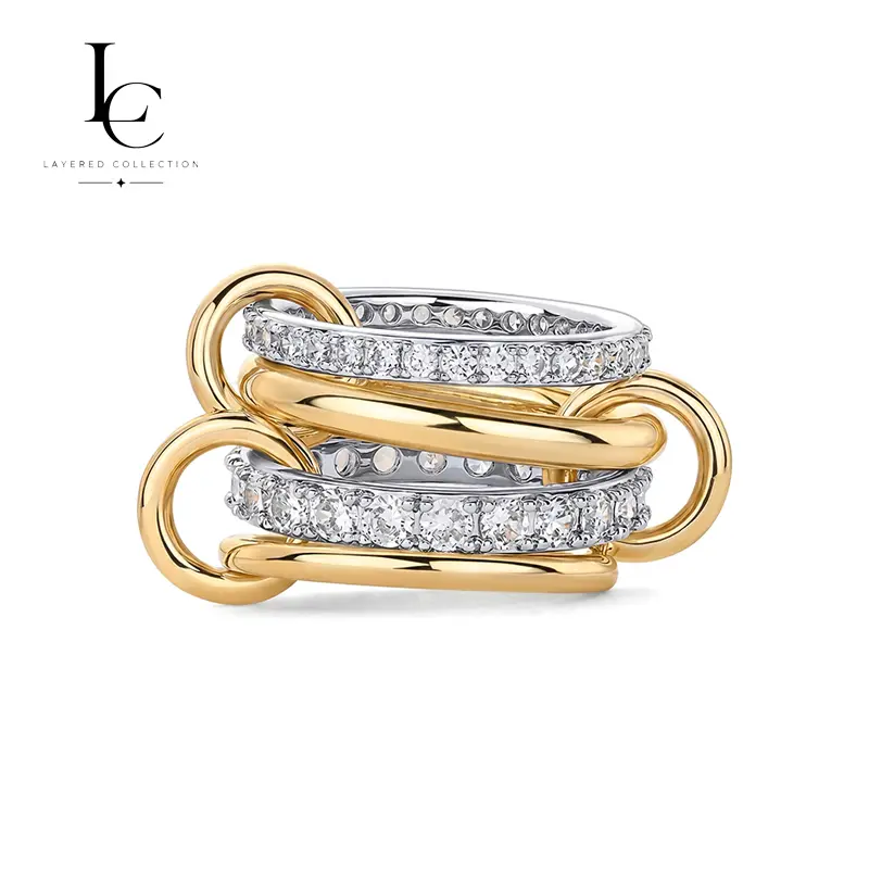 Gold Silver Tone Interlocked Stackable Ring Set for Women, Multi Band Statement Fashion Ring, Modern Minimalist Layered Wrap Design Chunky Open Style Everyday Wear Adjustable Finger Ring, Trendy Gift for Her Birthday Anniversary
