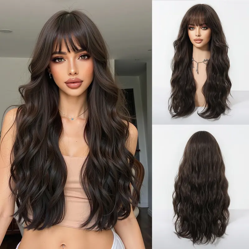 Wiglassic Long Wavy Wig With Bangs 24inch Straight Black Wig for Beginners 24IN Synthetic Heat Resistant Fiber Wig for Daily Life & Party