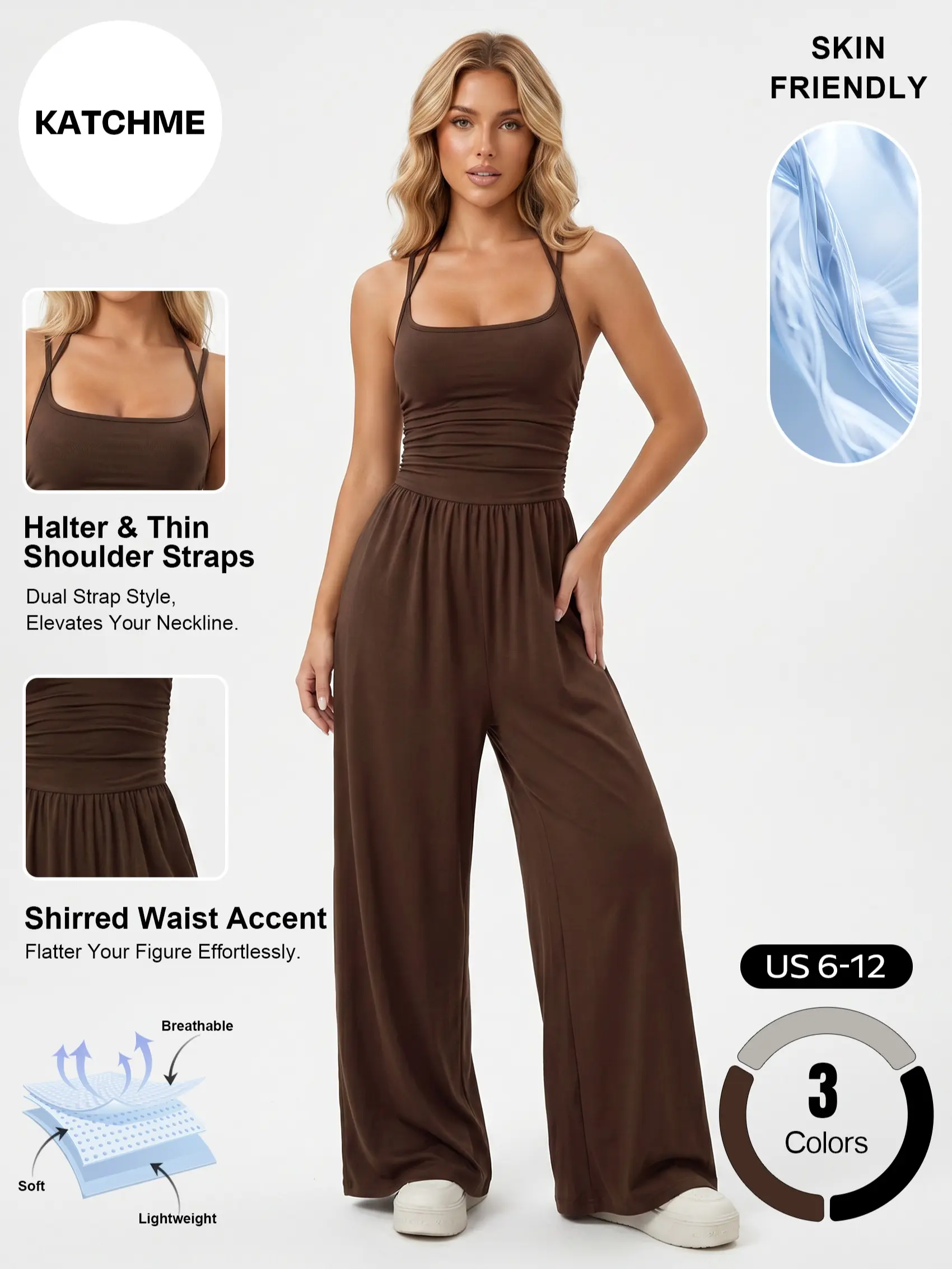 Katch Me Chic Women's Casual Solid Color Dual Strap Shirred Wide Leg Jumpsuit, Soft Sweat-Wicking Stretch Sportswear, Drapable Breathable Loose Outfits for Spring & Summer