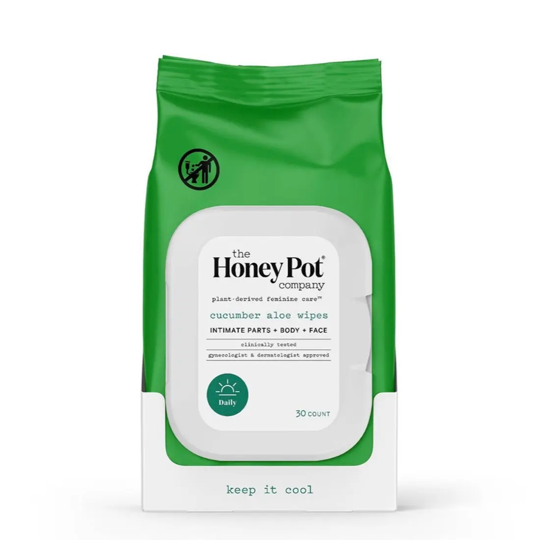 The Honey Pot Company, Feminine Cleansing Wipes, Intimate Parts, Body or Face Area, 30 ct. Hygiene for All Moisture Daily Gentle Soothing Soft Cleanser