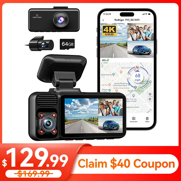 REDTIGER 4K 3 Channel Dash Cam, 5GHz WiFi Built-in GPS, 64GB Card, 2160P+1080P+1080P, Triple Car Camera, IR Night Vision, Parking Mode (F17) Automotiv