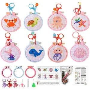 8 Pack Cross Stitch Kits for Beginners, Marine Animals Stamped Cross Stitch Kits for Kids, Crafts for Girls 8-12, 11CT Embroidery Cross Stitch Kit with Frame