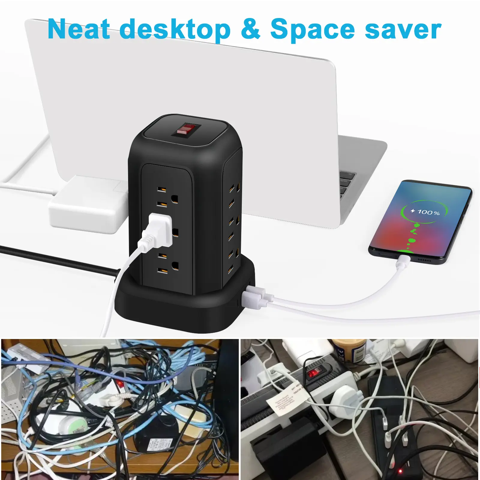 16-in-1 Tower Power Strip Surge Protector, 12 AC Outlets, 4 USB Ports, 5.1ft Extension Cord, Compact Vertical Multi-Port Power Station for Home Office Use