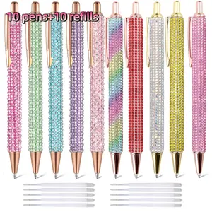 10pcs Fancy Glitter Cute Rhinestone Metal Retractable Ballpoint Pens with 10pcs 1.0mm Refills, Desk Accessories for Girl Students& Gifts